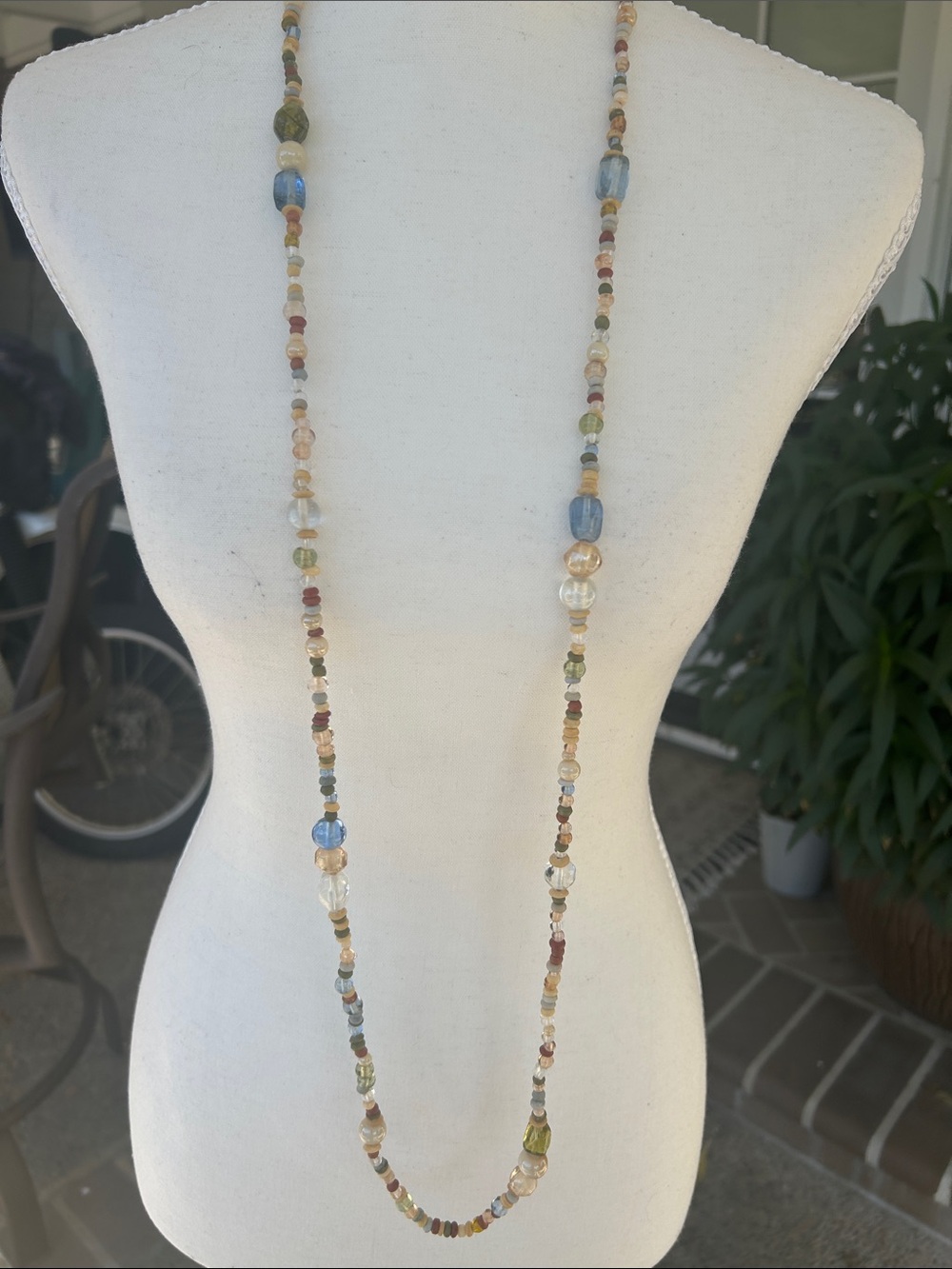 Vintage Artisan Long Beaded Necklace -Genuine Natural Stone & Glass Earth Tones
